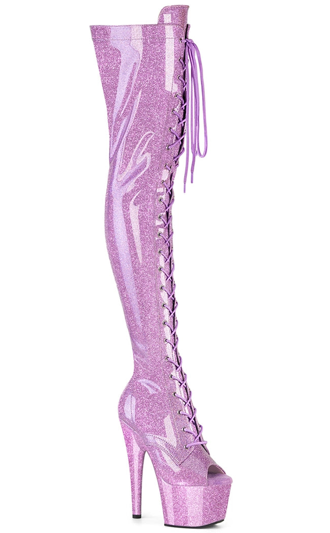 ADORE 3021GP Lilac Pink Glitter Lace Up Thigh High Peep Toe Boots