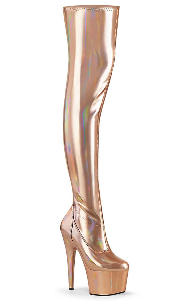 Pleaser ADORE 3000 Rose Gold Holo Thigh High Boots