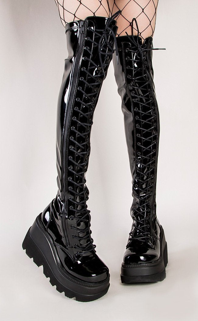 Demonia SHAKER-374 Patent Thigh High Boots | Gothic Shoes Australia