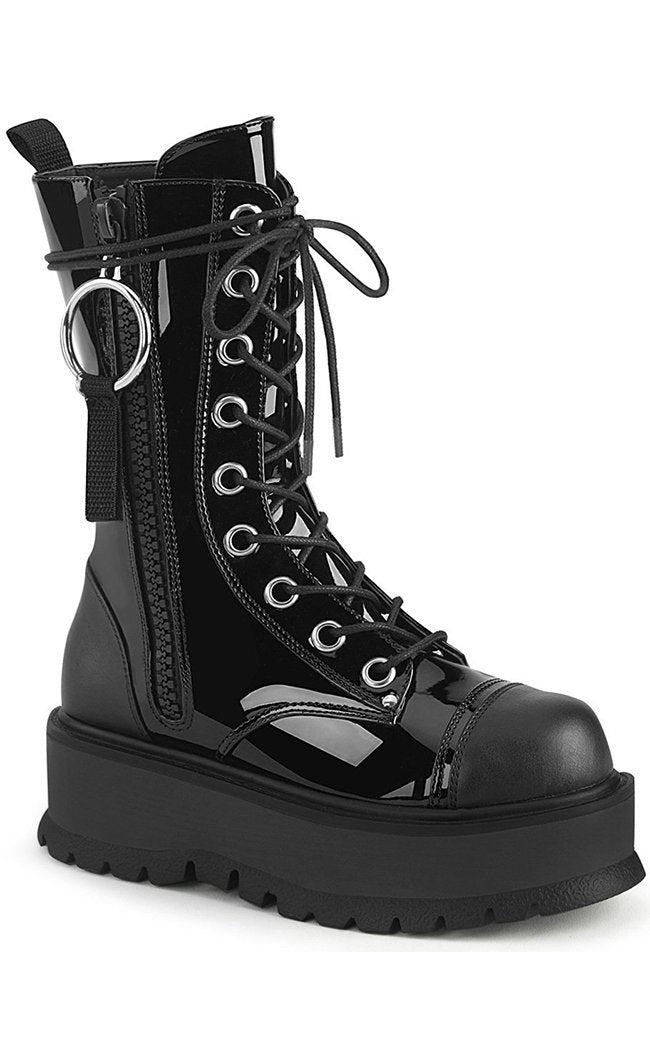 Demonia Black Patent Lace-Up Platform Ankle Boots