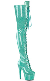 ADORE-3020GP Aqua Glitter Patent Thigh High Boots-Pleaser-Tragic Beautiful