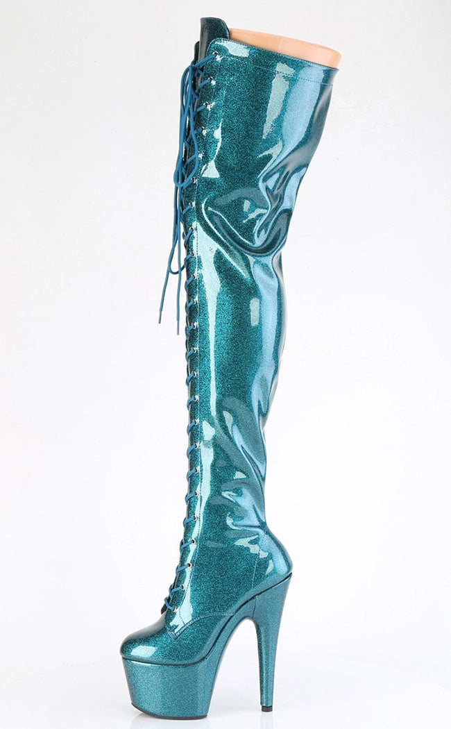 ADORE-3020GP Teal Glitter Patent Thigh High Boots-Pleaser-Tragic Beautiful