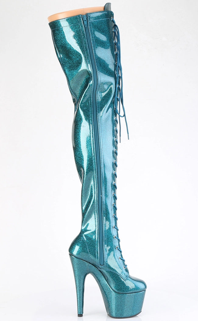 ADORE-3020GP Teal Glitter Patent Thigh High Boots-Pleaser-Tragic Beautiful