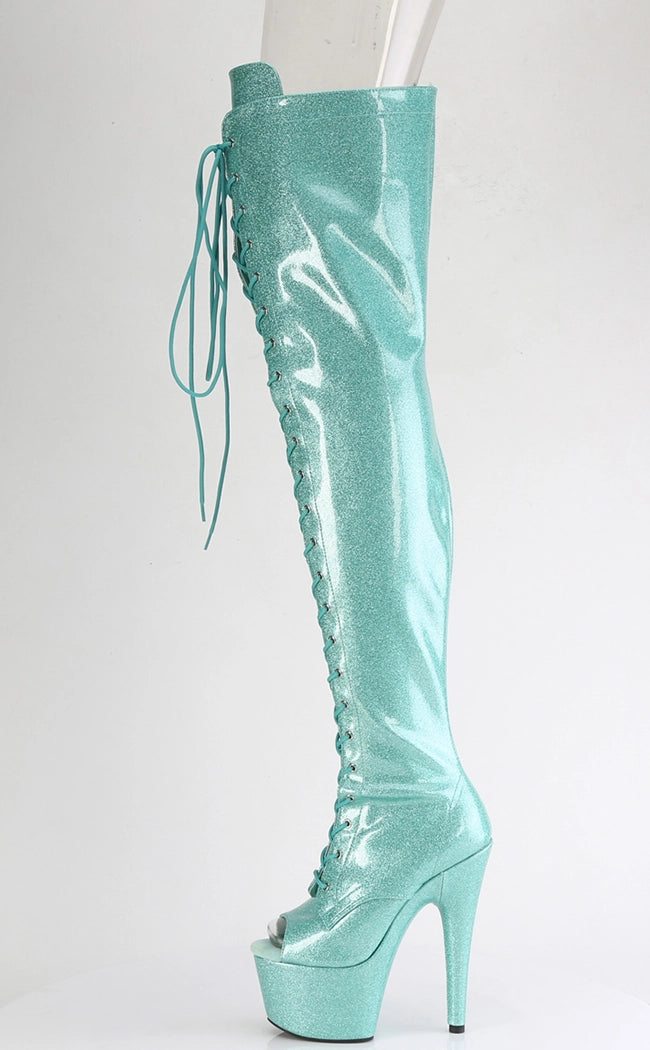 ADORE-3021GP Aqua Glitter Patent Thigh High Boots-Pleaser-Tragic Beautiful