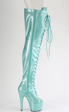 ADORE-3021GP Aqua Glitter Patent Thigh High Boots-Pleaser-Tragic Beautiful