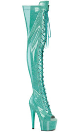 ADORE-3021GP Aqua Glitter Patent Thigh High Boots-Pleaser-Tragic Beautiful