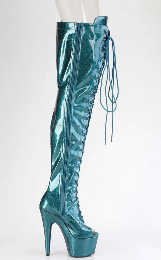 ADORE-3021GP Teal Glitter Patent Thigh High Boots-Pleaser-Tragic Beautiful