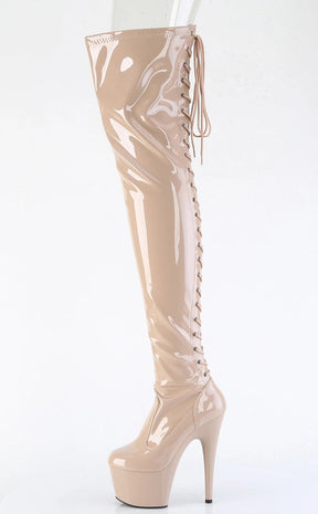 ADORE-3850 Nude Patent Thigh High Boots-Pleaser-Tragic Beautiful