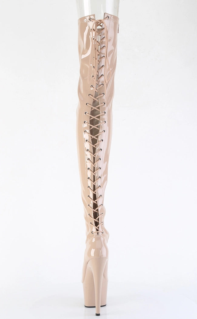 ADORE-3850 Nude Patent Thigh High Boots-Pleaser-Tragic Beautiful