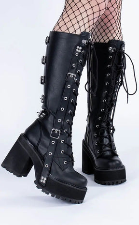 Demonia ASSAULT-218 Black Vegan Knee Boots | Gothic Shoes Australia