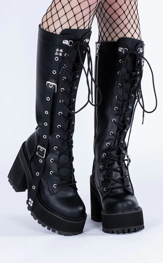 Demonia ASSAULT-218 Black Vegan Knee Boots | Gothic Shoes Australia