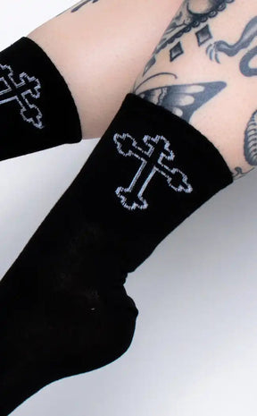 Altar Ego Black Cross Crew Socks-Cold Black Heart-Tragic Beautiful