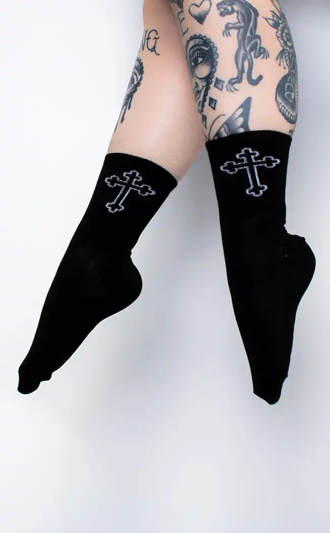 Altar Ego Black Cross Crew Socks-Cold Black Heart-Tragic Beautiful