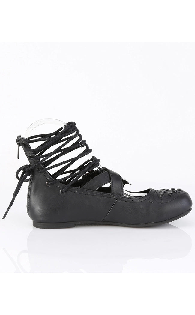 DAISY-11 Black Vegan Leather Strappy Flats-Demonia-Tragic Beautiful