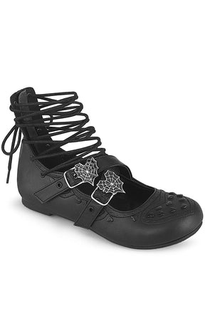 DAISY-11 Black Vegan Leather Strappy Flats-Demonia-Tragic Beautiful