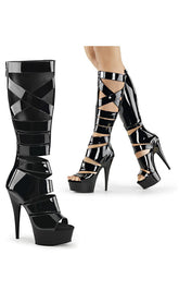 DELIGHT-600-49 Blk Str Pat/Blk Knee High Boots-Pleaser-Tragic Beautiful