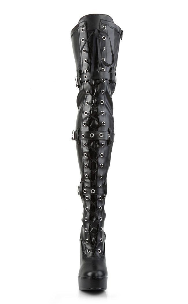 Pleaser ELECTRA-3028 Black Vegan Leather Thigh High Boots