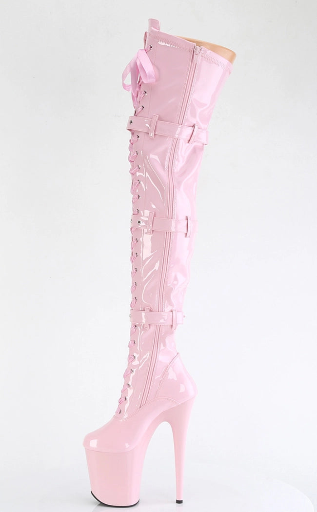 FLAMINGO-3028 Baby Pink Patent Thigh High Boots-Pleaser-Tragic Beautiful