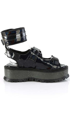 SLACKER-15B Black Holo Sandals-Demonia-Tragic Beautiful