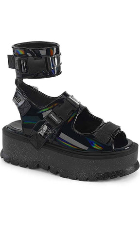 SLACKER-15B Black Holo Sandals-Demonia-Tragic Beautiful