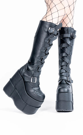 STACK-308 Black Vegan Leather Platform Boots (Au Stock)-Demonia-Tragic Beautiful