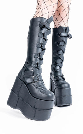 STACK-308 Black Vegan Leather Platform Boots (Au Stock)-Demonia-Tragic Beautiful