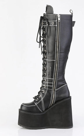 SWING-260 Black Vegan Leather Knee High Boots-Demonia-Tragic Beautiful