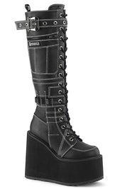 SWING-260 Black Vegan Leather Knee High Boots-Demonia-Tragic Beautiful