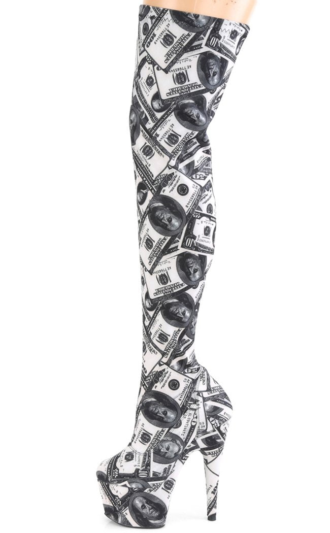 ADORE-3000DP Money Print Thigh High Boots-Pleaser-Tragic Beautiful