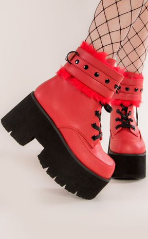 ASHES-57 Red Vegan Leather Cuff Platform Ankle Boots-Demonia-Tragic Beautiful