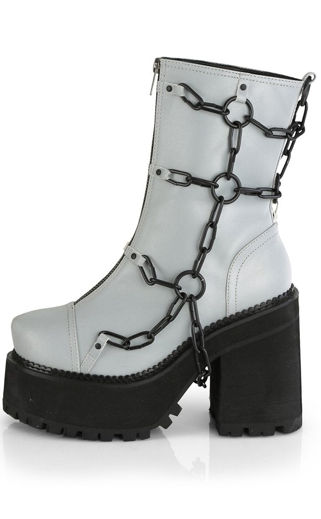 ASSAULT-66 Grey Reflective Chain Boots-Demonia-Tragic Beautiful