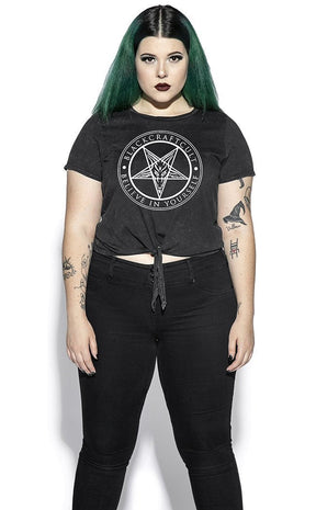 Believe in Yourself Tie Front Crop-BlackCraft-Tragic Beautiful