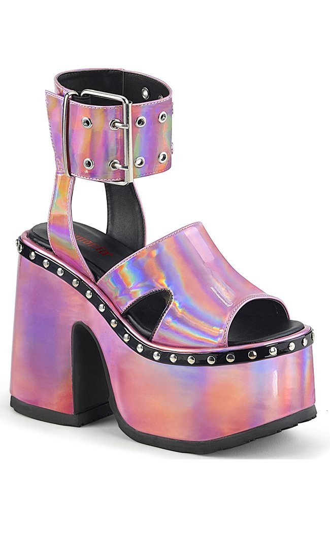 CAMEL-102 Pink Holo Platform Slides-Demonia-Tragic Beautiful