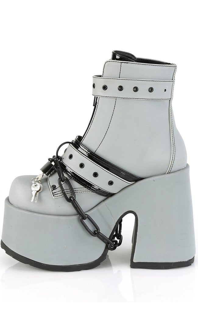 CAMEL-205 Grey Reflective Platform Boots-Demonia-Tragic Beautiful