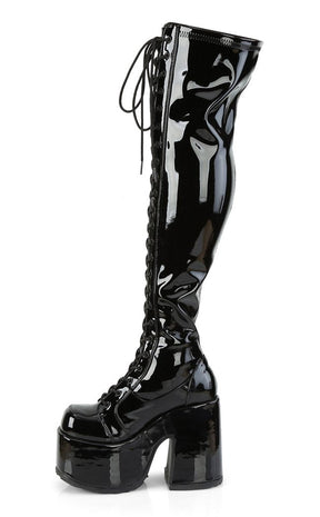 Camel-300 Black Patent Thigh High Boots-Demonia-Tragic Beautiful