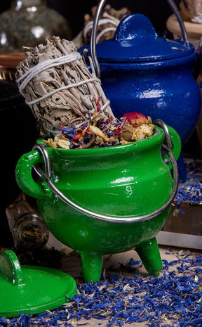 Cast Iron Cauldron w Lid in Green-Cauldrons-Tragic Beautiful