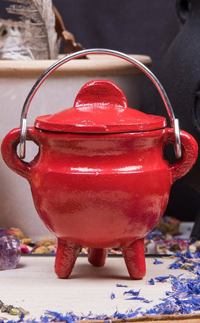 Cast Iron Cauldron w Lid in Red-Cauldrons-Tragic Beautiful