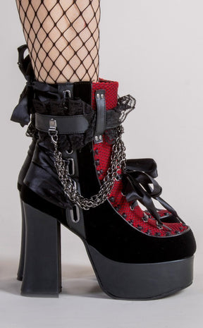 CHARADE-110 Red Velvet Chained Lace Boots (AU Stock)-Demonia-Tragic Beautiful