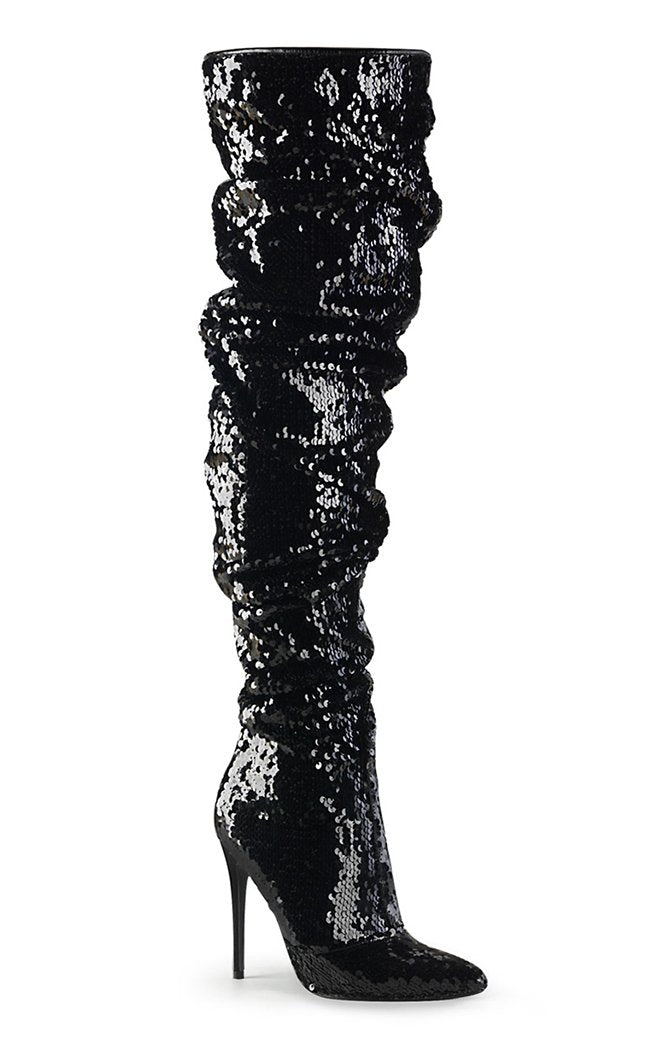 COURTLY-3011 Black Sequin Thigh High Boots-Pleaser-Tragic Beautiful