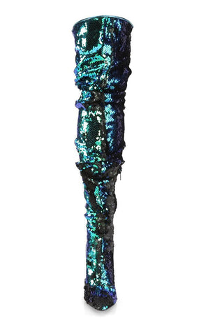 COURTLY-3011 Green Iridescent Sequin Thigh High Boots-Pleaser-Tragic Beautiful