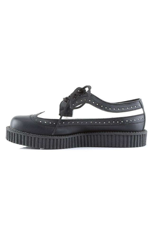 CREEPER-608 Black White Leather Creepers-Demonia-Tragic Beautiful