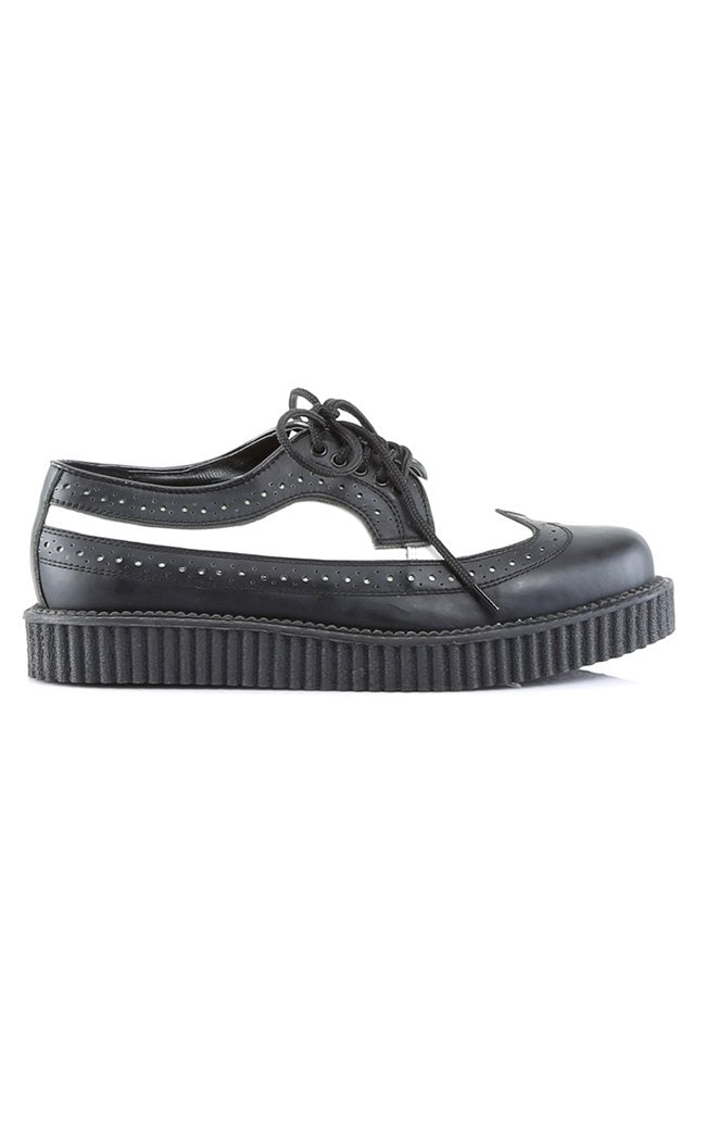 CREEPER-608 Black White Leather Creepers-Demonia-Tragic Beautiful