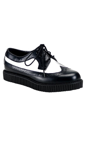 CREEPER-608 Black White Leather Creepers-Demonia-Tragic Beautiful