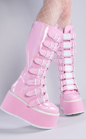 DAMNED-318 Baby Pink Holographic Boots-Demonia-Tragic Beautiful