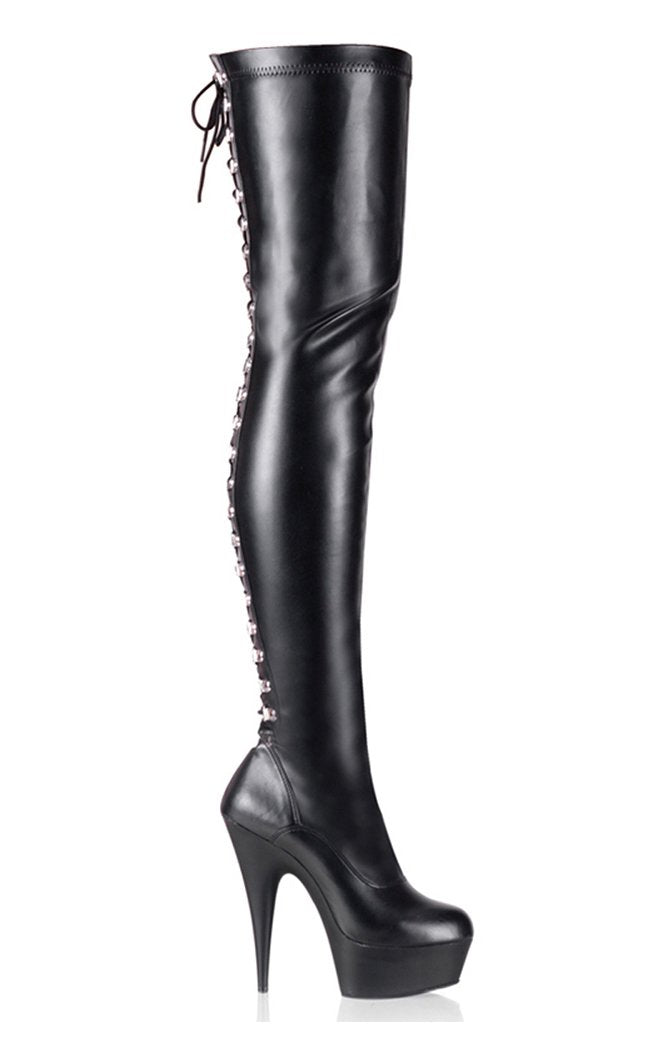 DELIGHT-3063 Blk Str Faux Leather/Blk Thigh High Boots-Pleaser-Tragic Beautiful