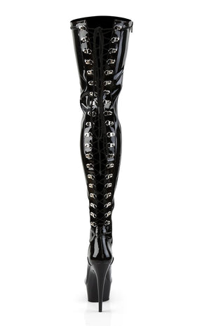 DELIGHT-3063 Blk Str Pat/Blk Thigh High Boots-Pleaser-Tragic Beautiful