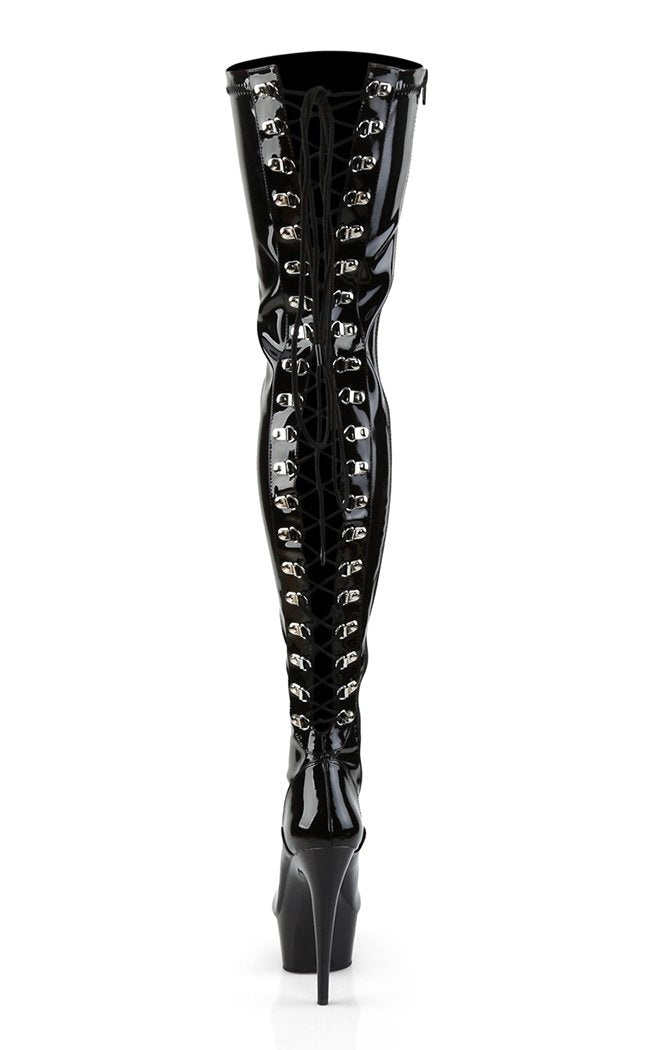 DELIGHT-3063 Blk Str Pat/Blk Thigh High Boots-Pleaser-Tragic Beautiful