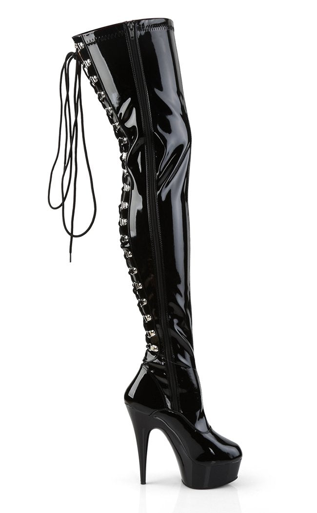 DELIGHT-3063 Blk Str Pat/Blk Thigh High Boots-Pleaser-Tragic Beautiful