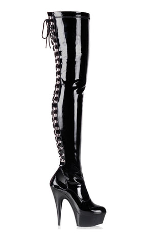 DELIGHT-3063 Blk Str Pat/Blk Thigh High Boots-Pleaser-Tragic Beautiful