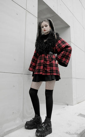 Deville Plaid Faux Fur Coat-Punk Rave-Tragic Beautiful